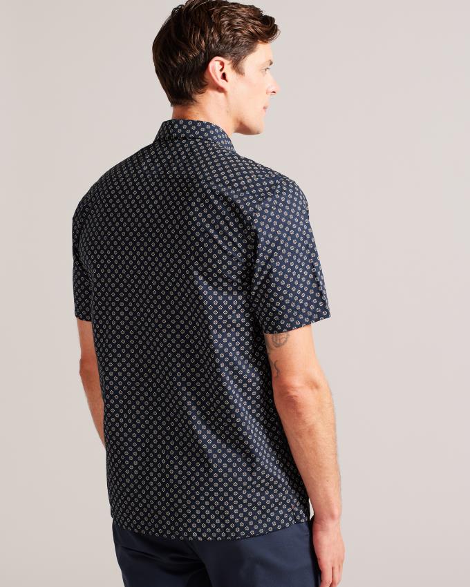 Chemises Ted Baker Short Sleeve Geometric Print Bleu Marine Homme | CJM-16919336